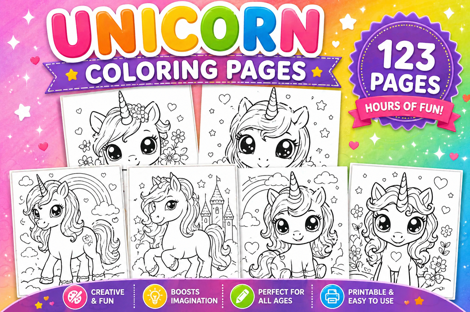 Unicorn Coloring Book for Kids – Printable Coloring Pages for Girls | Cute & Magical Activity Sheets (PDF)