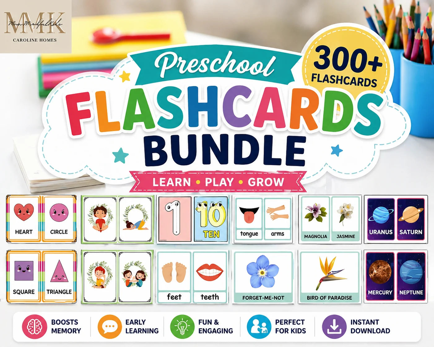 Preschool Flashcards Bundle – 300+ Printable Learning Cards (Alphabet, Numbers, Animals