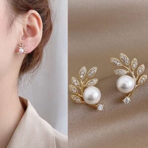 Korean Crystal Sparking Leaf Diamond Pearl Drop Earring for Women Gold