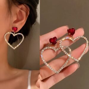 Korean Beautiful Red Stone Zirconia Heart Drop Gold Earring