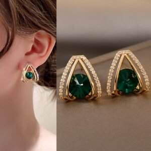 Korean Luxurious Zirconia Green Stone Stud Gold Earring