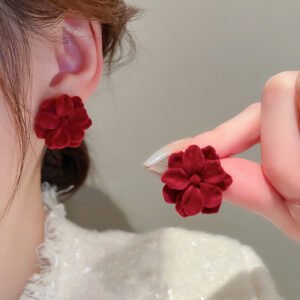 Korean Beautiful Red Flower Stud Gold Earring